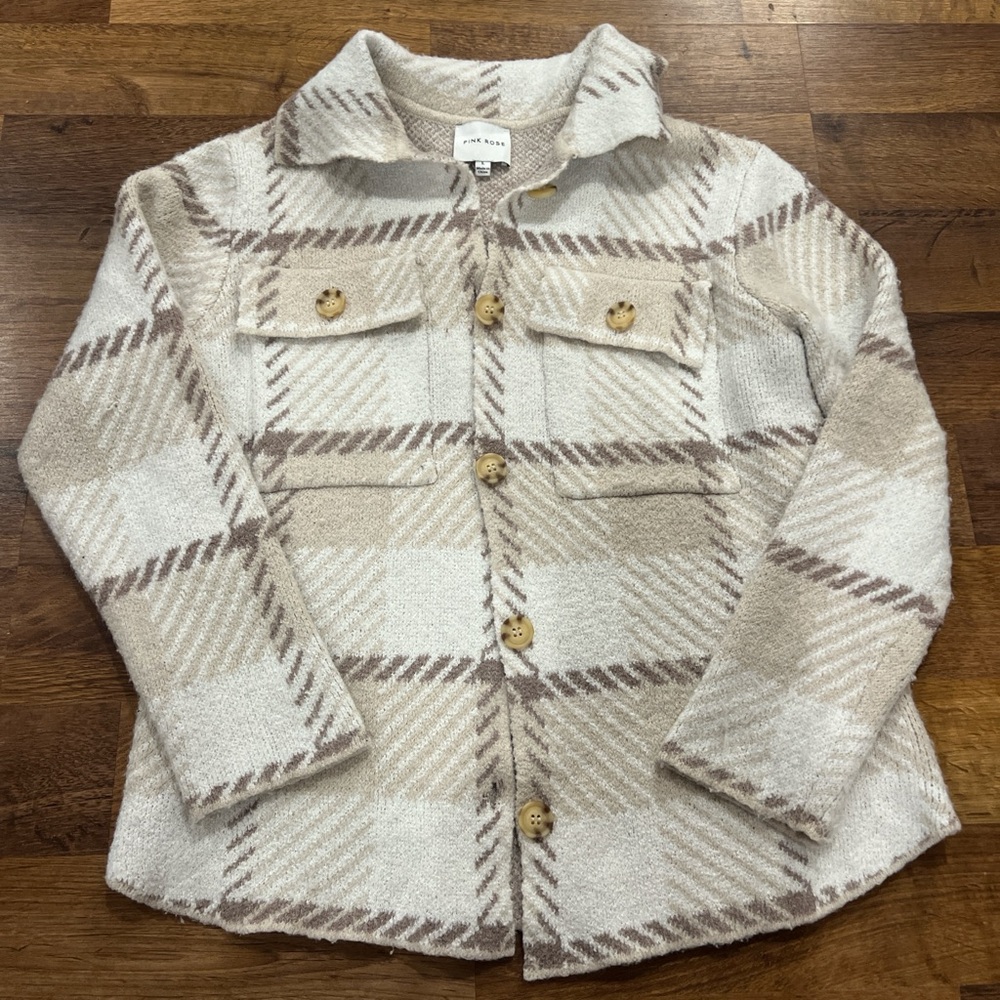 Pink Rose Cozy Knit Jacket in Cream and Tan